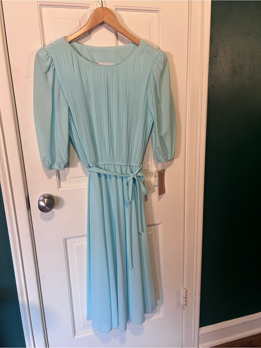 Vintage Pleated Bodice Midi Dress in Light Aqua NWT